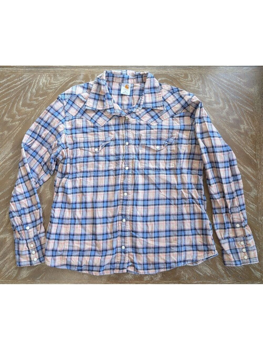 Vintage Carhartt Women's Pearl Snap Western Plaid Shirt Fall 2008 Pink Blue M